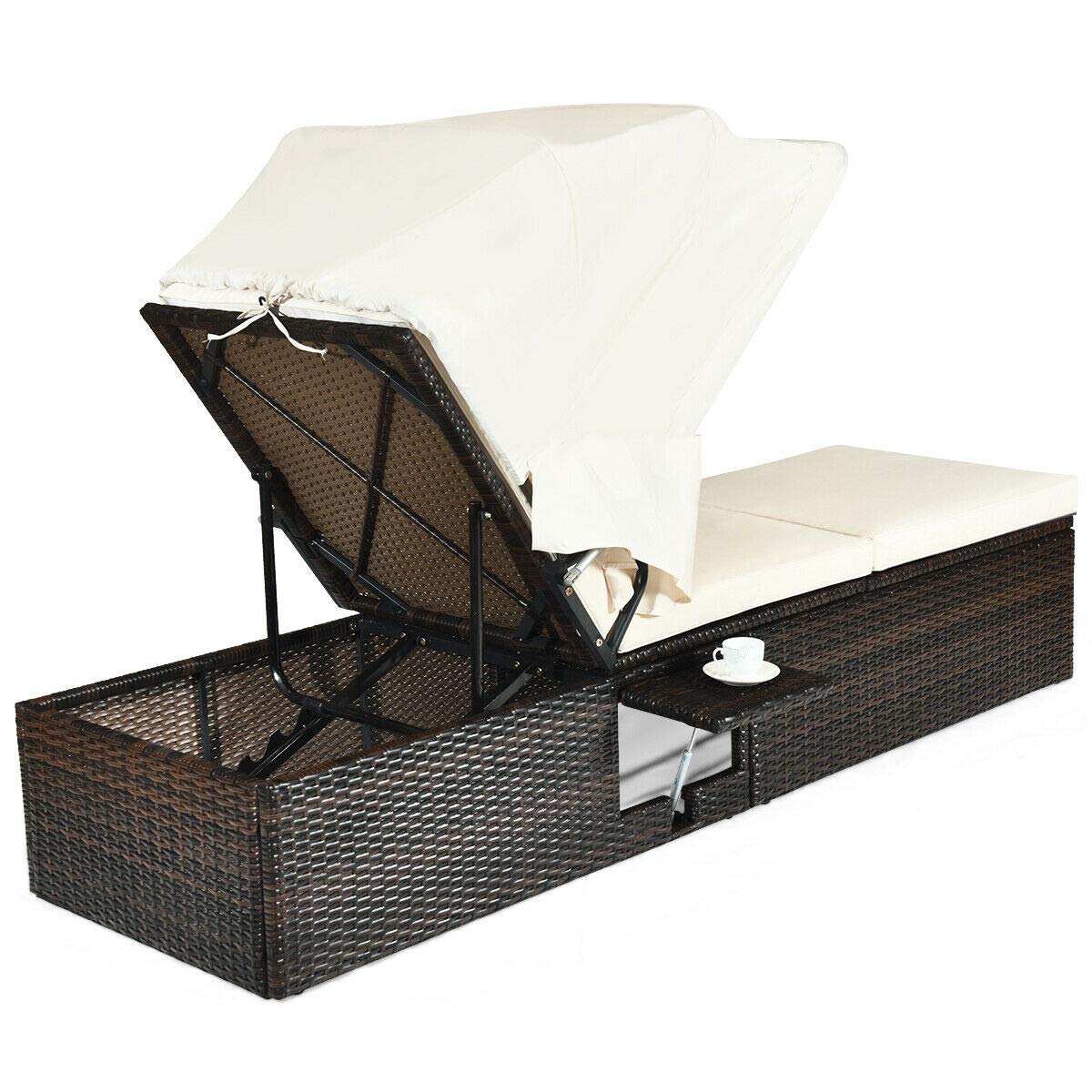 Chaise longue d'extérieur avec auvent pliant, transat réglable rembourré avec tablette escamotable